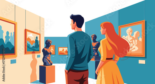Flat style illustration of a couple visiting an art gallery, admiring paintings and sculptures, symbolizing culture, creativity, leisure, and appreciation for art in a modern museum setting