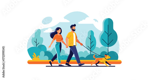 Flat style illustration of a couple walking their dog in a scenic park, symbolizing love, companionship, outdoor lifestyle, leisure, and healthy living with pets