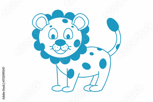 Adorable blue cartoon lion displays its spotted body and fluffy mane on the white background