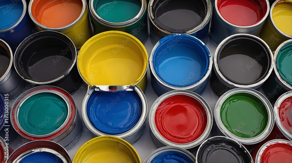 Fototapeta premium A colorful array of opened paint cans displaying vibrant hues and textures.