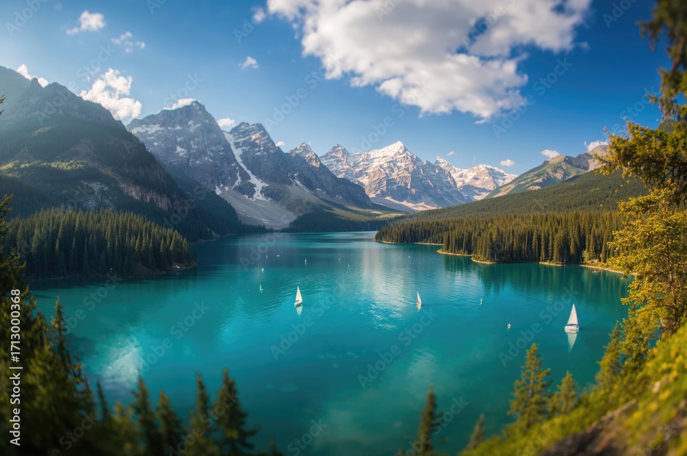 Naklejka premium Stunning panoramic view of a lake surrounded by mountains