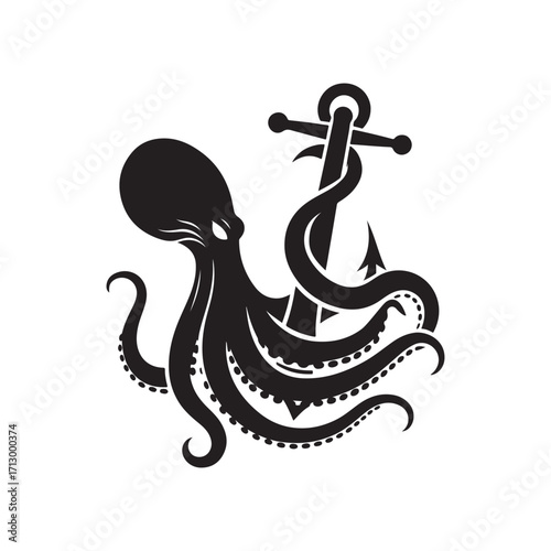kraken tentacle dragging down anchor vector silhouette clip art logo design illustration
