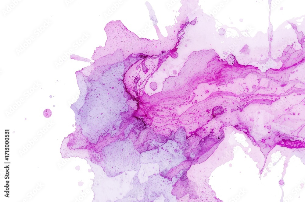 Obraz premium Abstract watercolor backdrop featuring fluid aquarelle paint splashes on a white canvas with purple hues