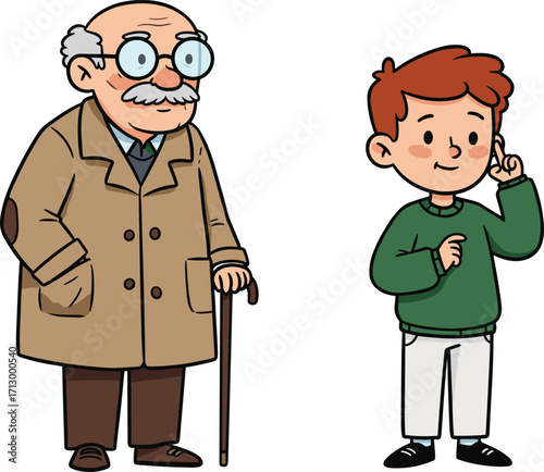 Cartoon grandfather, young boy, family generation, senior and child, wisdom sharing, intergenerational bond, parenting, aging, childhood, character illustration