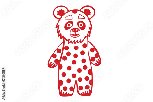 Adorable red panda stands upright with polka dots on white, embodying joyful childhood