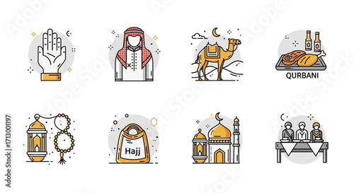 Vector illustration set of flat line icons for Islamic holidays, featuring Hajj pilgrimage and Eid al-Adha concepts