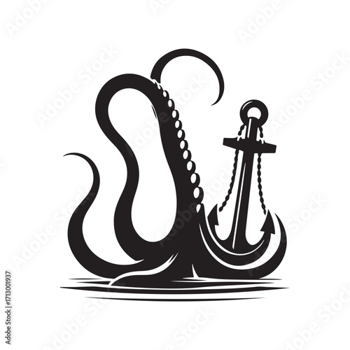 kraken tentacle dragging down anchor vector silhouette clip art logo design illustration