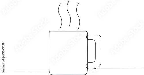 Minimalist continous line art line drawing a steaming coffee mug