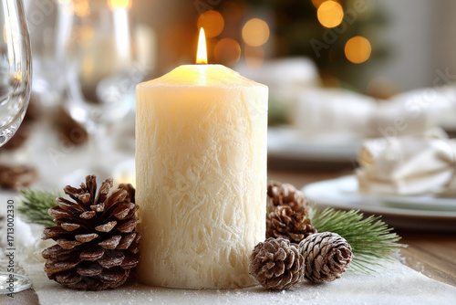 minimalist atmosphere celebrating christmas in usa featuring festive candle at center of beautifully set table