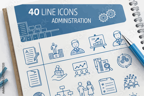 A notebook page filled with blue line icons representing business and administration concepts neatly arranged
