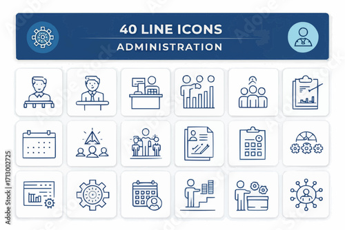 Collection of forty line icons depicting various aspects of administration and business management tasks