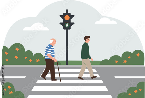 Elderly and young pedestrian crossing, traffic light safety, cartoon crosswalk scene, urban accessibility, outdoor walking illustration, road awareness, public space design