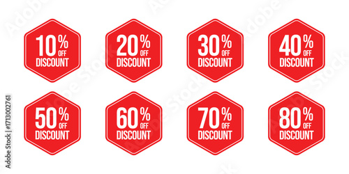Bold red hexagon discount labels showing 10, 20, 30, 40, 50, 60, 70, and 80 percent off for retail marketing, sale events, and seasonal offer promotions.