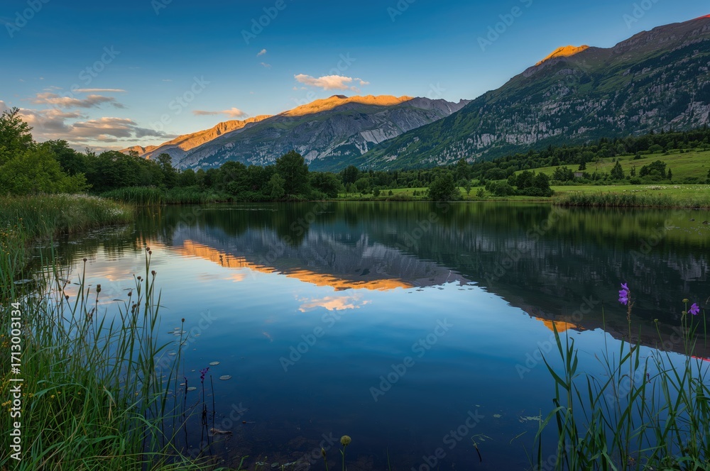 Fototapeta premium A tranquil lake surrounded by hills
