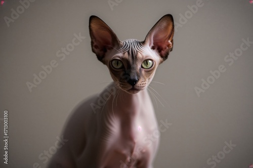 Hairless feline of the Sphynx breed against a plain backdrop