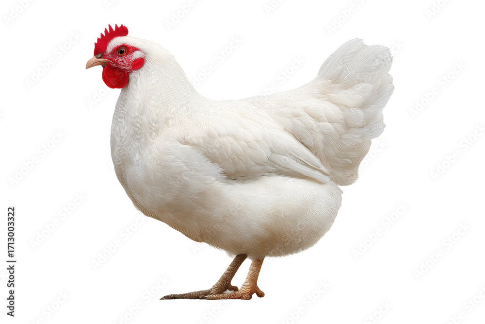 Fototapeta premium White chicken with red comb and wattles on a white background, cut out