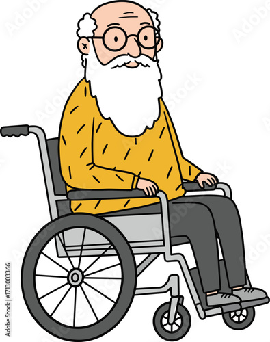Elderly man in wheelchair, cartoon senior character, mobility assistance illustration, healthcare concept, aging support, accessibility, calm lifestyle, flat design