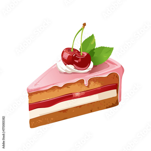 A slice of delicious cherry cake with pink icing, whipped cream, and fresh cherries on top.