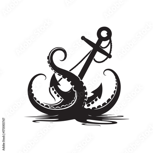 kraken tentacle dragging down anchor vector silhouette clip art logo design illustration