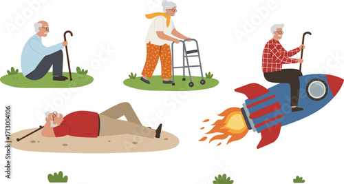 Elderly people lifestyle activities, senior citizens with walker, cane, rocket, outdoor, fun, aging concept, retirement, healthcare, independence