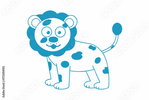 Blue cartoon lion with spotted body stands calmly in a white isolated background