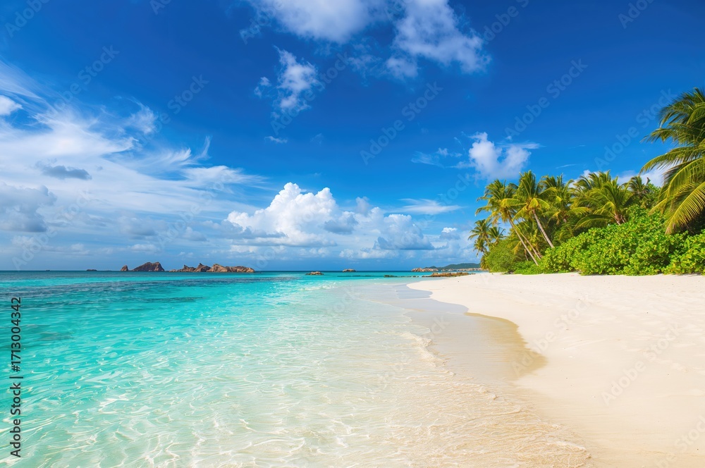 Obraz premium Stunning high-definition panoramic view of a tropical shoreline with ample blank area, perfect for vacation and summer concepts