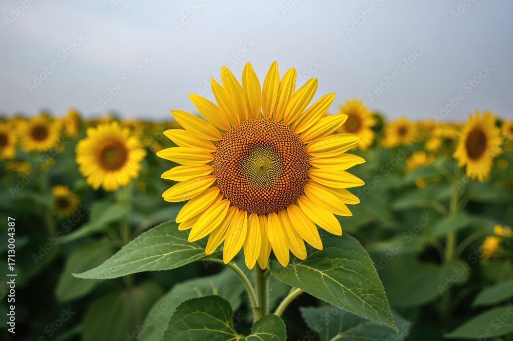 Fototapeta premium Stunning close-up of vibrant yellow sunflowers in a fall field with a lush green backdrop. Agricultural landscape showcasing blooming sunflowers in a natural setting.