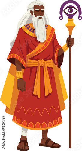 Fantasy wizard, elder sage, magical character, ancient robe, mystical staff, cartoon illustration, mythological figure, powerful mage, enchanted design, spiritual leader