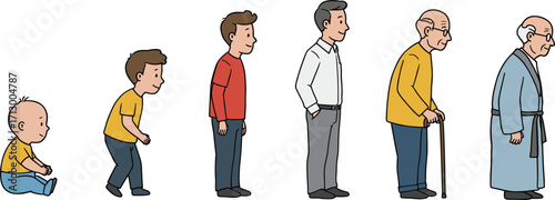 Human life stages, aging process, baby to elderly, cartoon evolution, character growth, timeline, development, age progression, illustration, concept