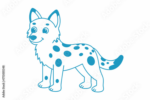 Blue outlined cartoon spotted dog standing calmly and looking forward on a white background