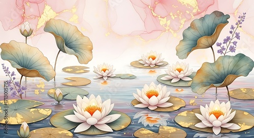 Serene water lilies and lotus flowers floating on tranquil water with artistic background