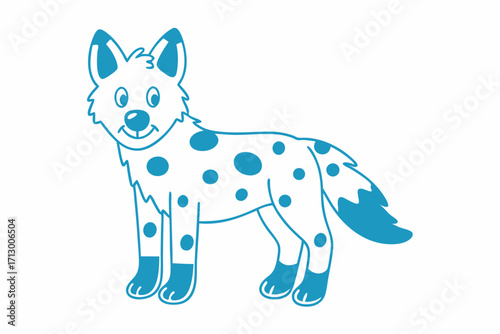 Cartoon African wild dog stands smiling with its white fur and blue spots