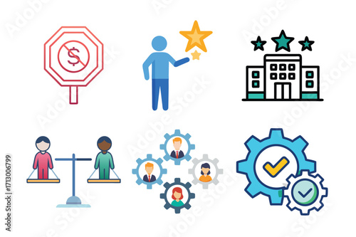 Business ethics and corporate social responsibility flat vector icon set