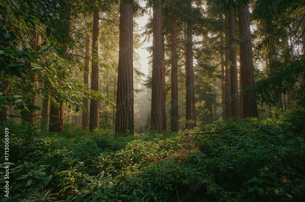 Obraz premium A summer woodland backdrop featuring pine trees, nature, and sunlight filtering through leaves