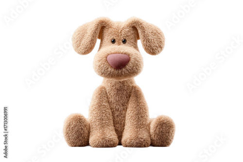 Adorable fluffy stuffed dog toy with big ears and brown fur, cut out