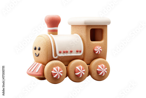 Smiling gingerbread train with peppermint wheels in festive holiday design, cut out