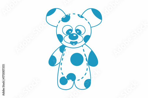 Cartoon bear shows a blue spotted pattern standing calmly on a white surface