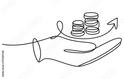 Hand holding stacked coins with upward arrow symbolizing financial growth and investment success vector, Continuous One Line art
