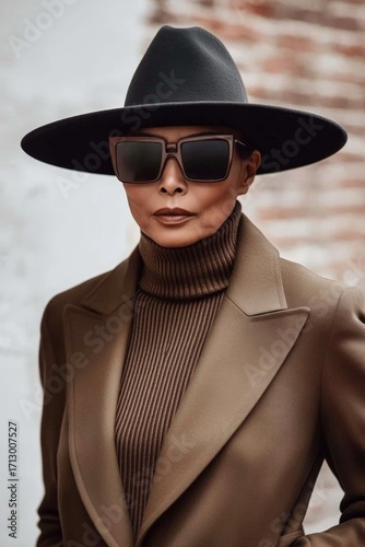 A woman wearing a black hat and sunglasses stands in front of a brick wall. She is wearing a brown coat and a black dress