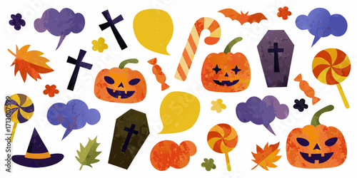 Collection of halloween icons including jack o lanterns candy bats coffins and autumn leaves