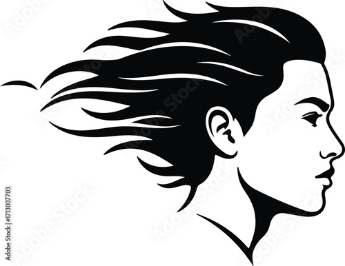 Vector woman head in profile with blowing hair silhouette illustrator