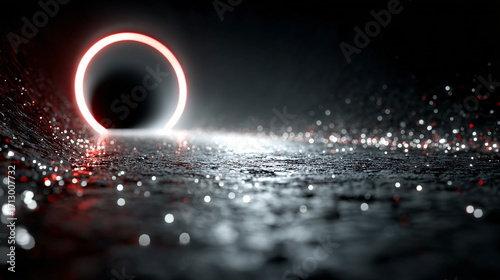 abstract dark background with glowing neon lights and an empty floor, a portal in the center, an epic scene, sci-fi, cinematic, hyper-realistic