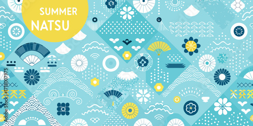 Vibrant japanese summer natsu pattern with traditional motifs and geometric shapes