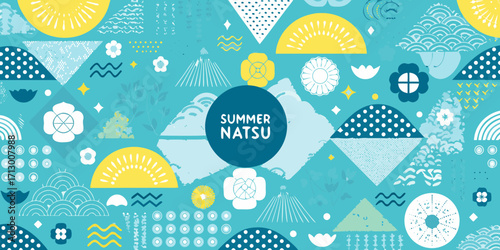 Abstract japanese summer natsu pattern with traditional motifs and geometric shapes
