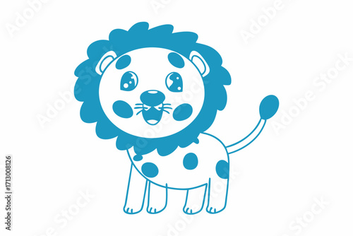 Cartoon blue lion with fluffy mane stands cheerfully showcasing its polkadotted body