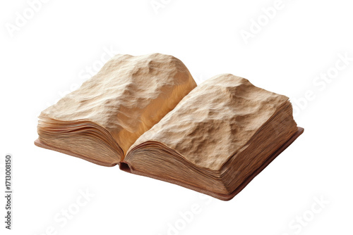 Open book with pages sculpted into mountainous landscape on black background, cut out