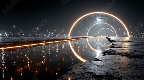 abstract futuristic tunnel with glowing lights and water reflections. a long road leading to the horizon in an endless space. concept of science fiction, technology, time travel, or cyberspace