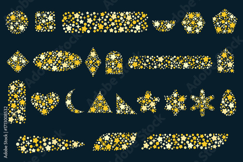 Gold stars and circle particles in a shape set. Vector illustration.