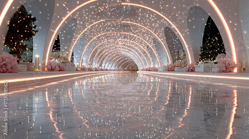 a large, white, glowing tunnel with lights, christmas trees on both sides of the composition, lights and decorations around it, a white floor with reflections, in a futuristic style, with hyper-realis