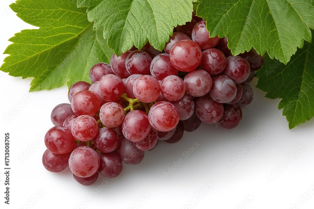Fototapeta premium Close-up photo of a large cluster of red grapes with green leaves against a white backdrop